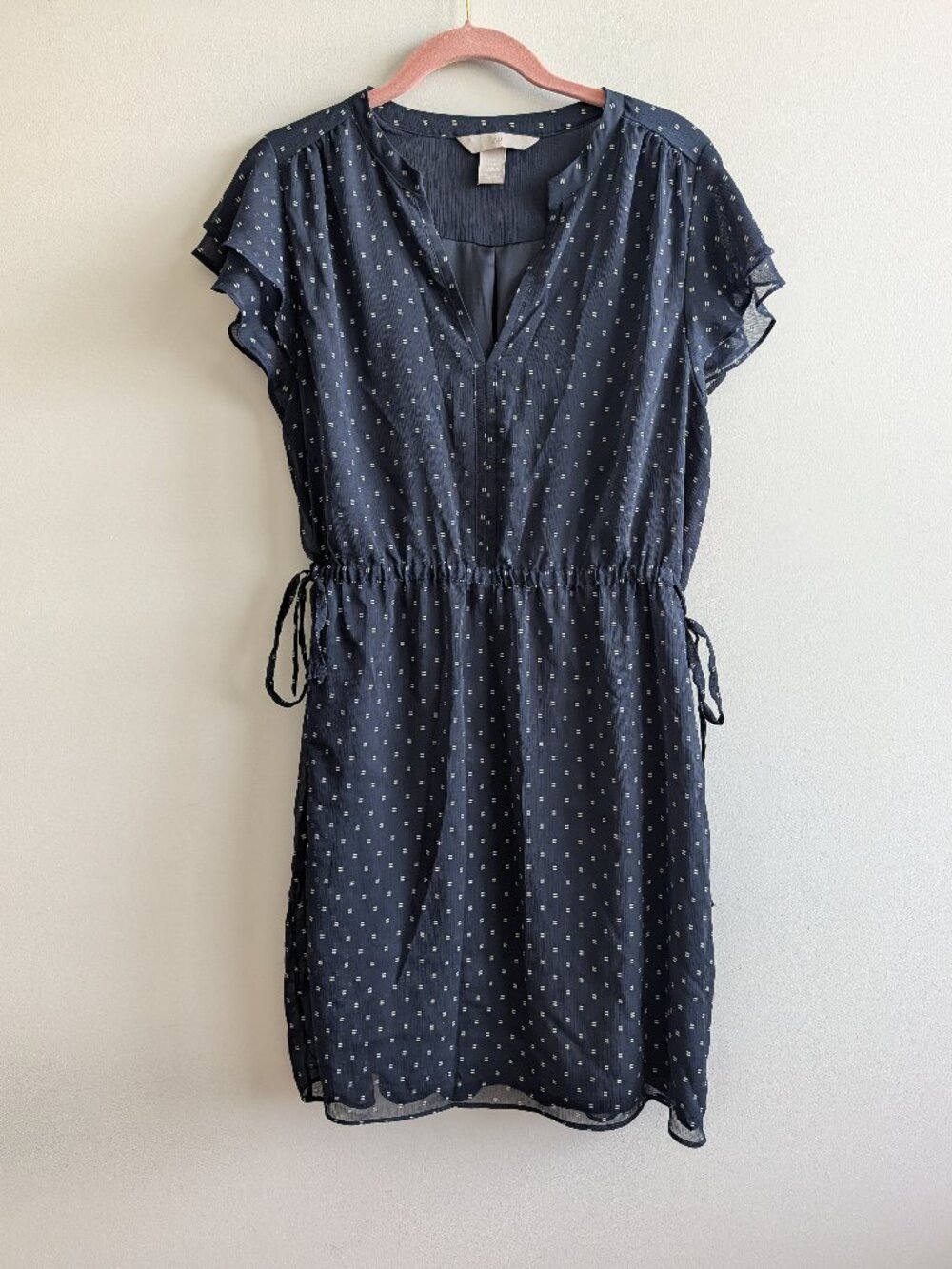 H&M Navy Blue Polka Dot Navy Dress V Neck Elastic Waist Size 12